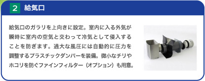 給気口:ガラリを上向きに設定することにより、室内に入る外気が瞬時に室内の空気と交わって冷気として侵入することを防ぎます。